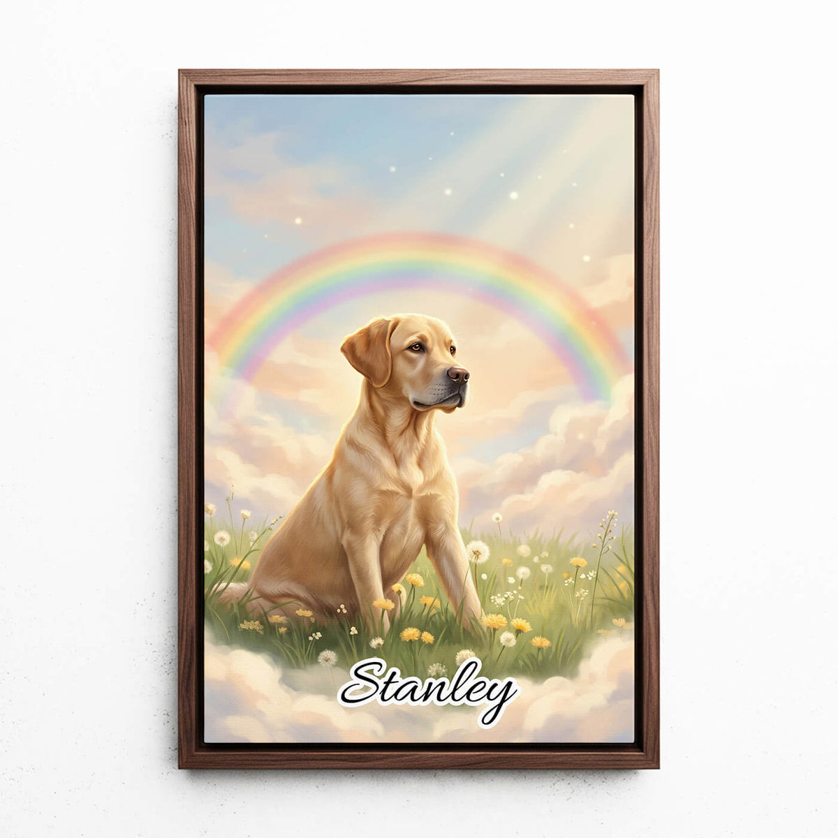 Hondenportret bij de Regenboogbrug van je foto - canvas met walnoten lijst