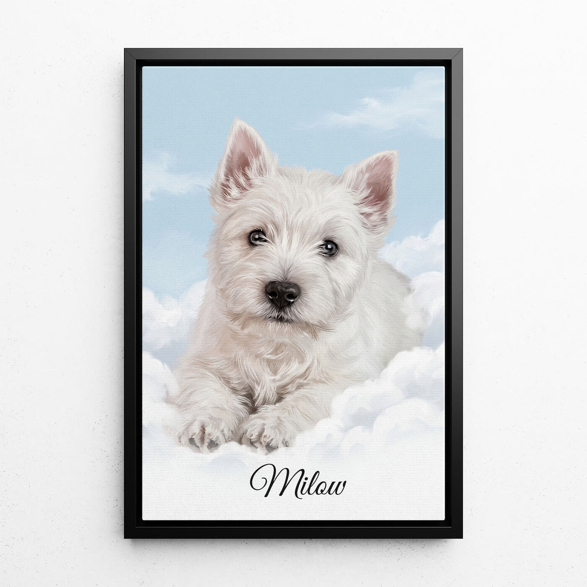 Gepersonaliseerd hondenportret op de wolken van je foto - canvas met zwarte lijst