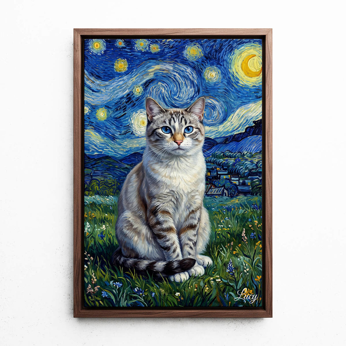 Kattenportret in Van Gogh-stijl van je foto - canvas met walnoten lijst