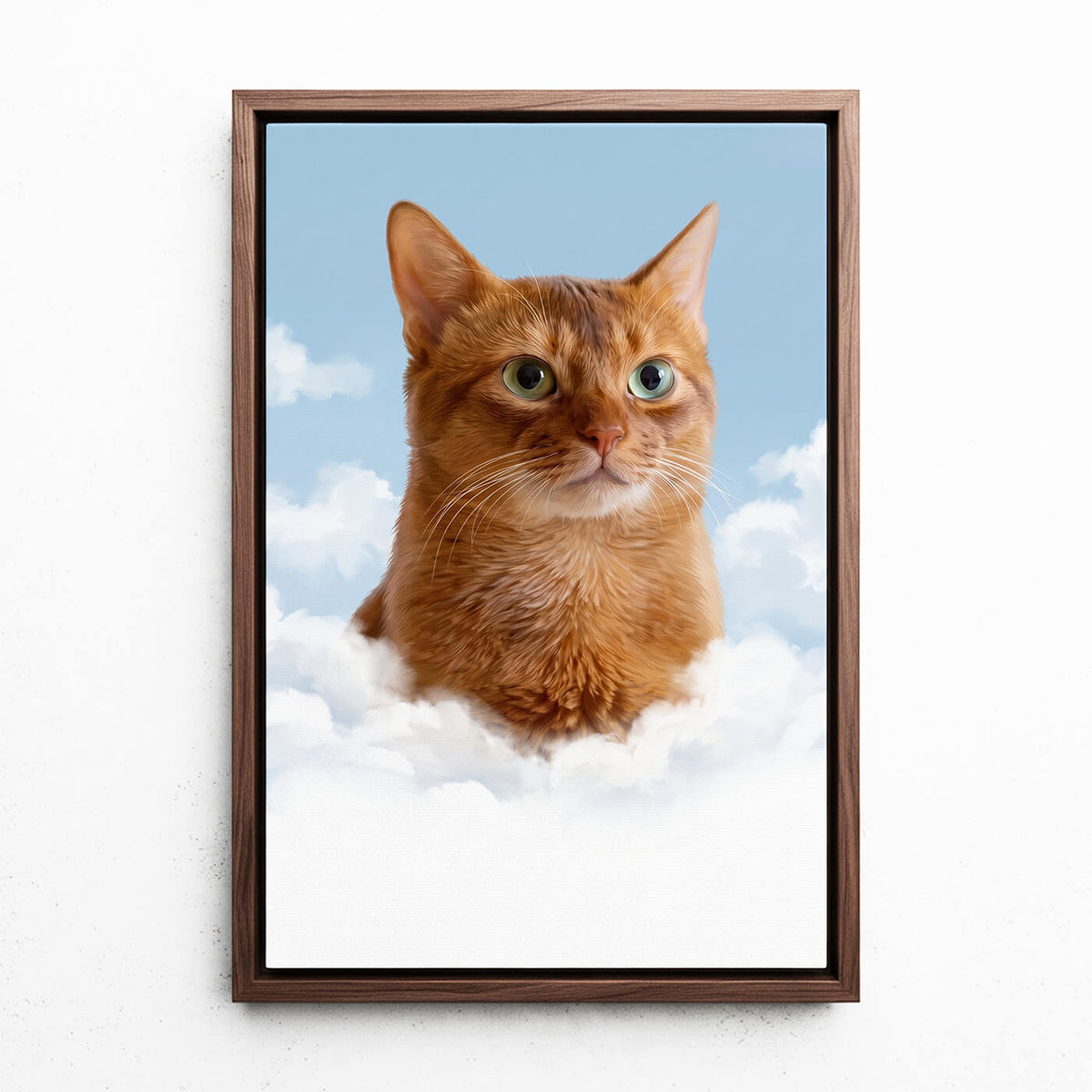 Gepersonaliseerd kattenportret op de wolken van je foto - canvas met walnoten lijst