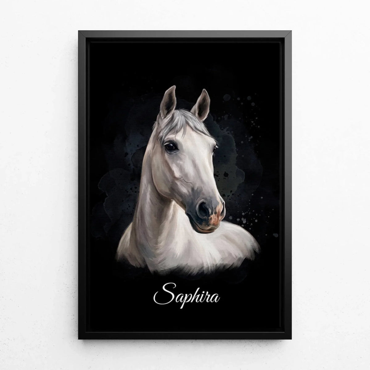 Paardenportret in aquarelstijl - Zwart van je foto - canvas met zwarte lijst