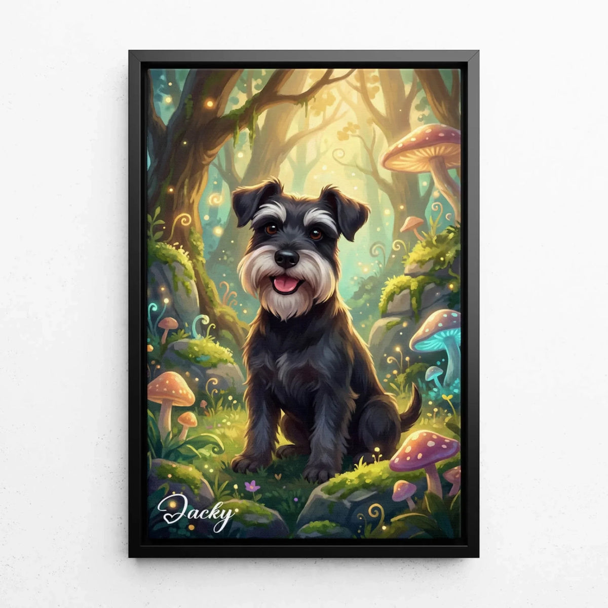 Hondenportret in fantasy- / cartoonstijl van je foto - canvas met zwarte lijst
