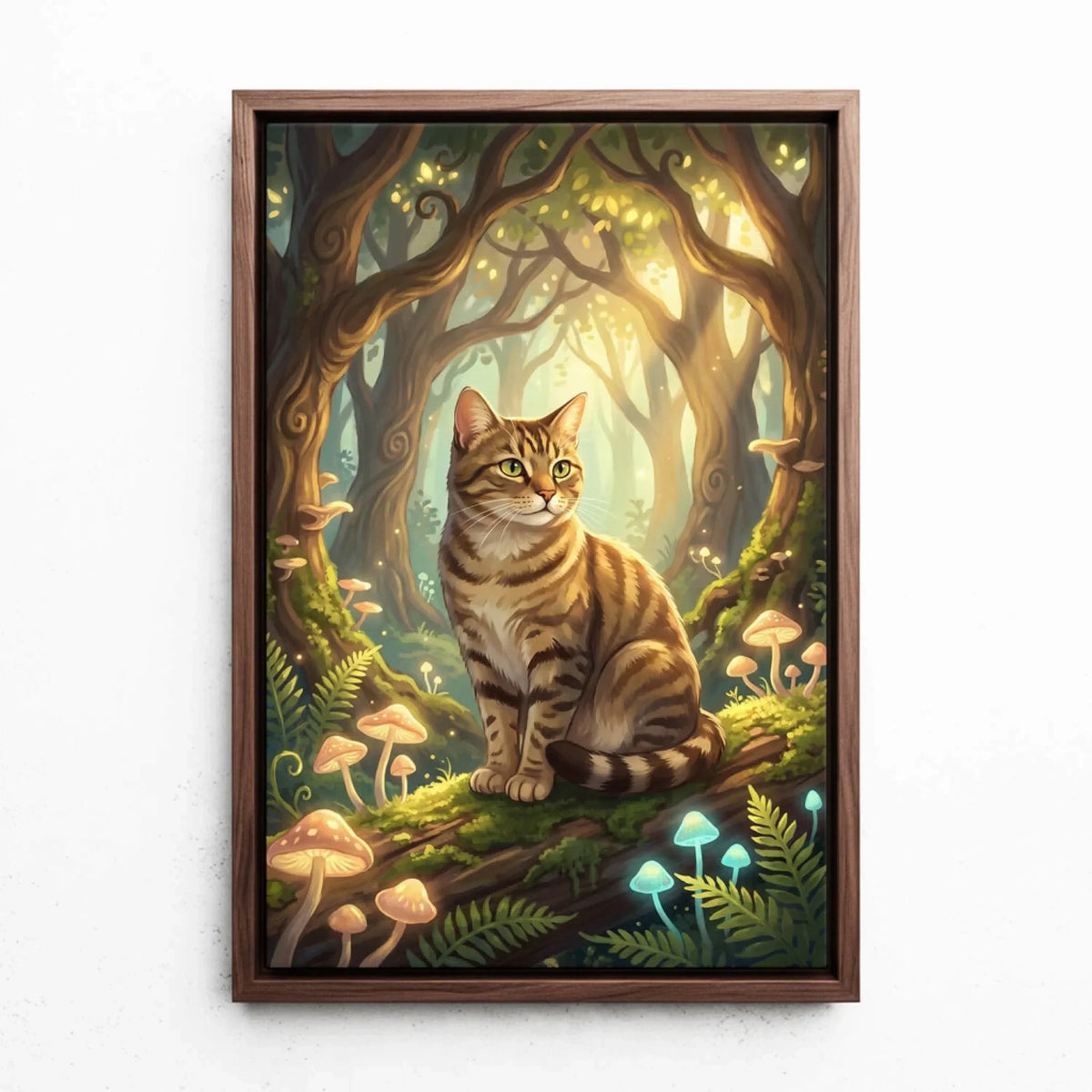 Kattenportret in fantasy- / cartoonstijl van je foto - canvas met walnoten lijst