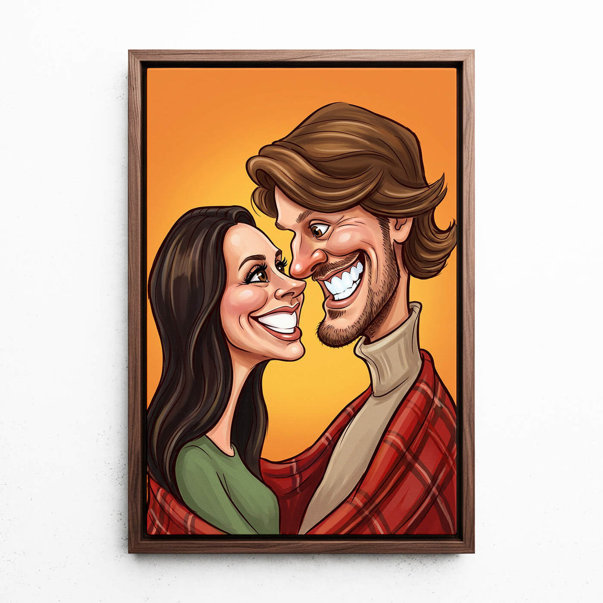 Koppel- & familieportret in karikatuurstijl van je foto - canvas met walnoten lijst