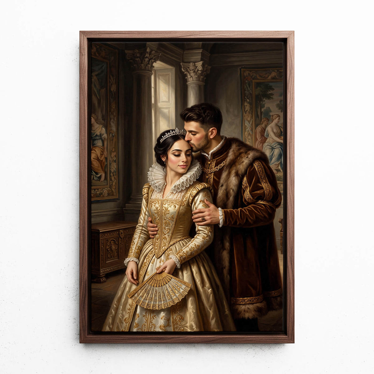Koppel- & familieportret in renaissancestijl van je foto - canvas met walnoten lijst