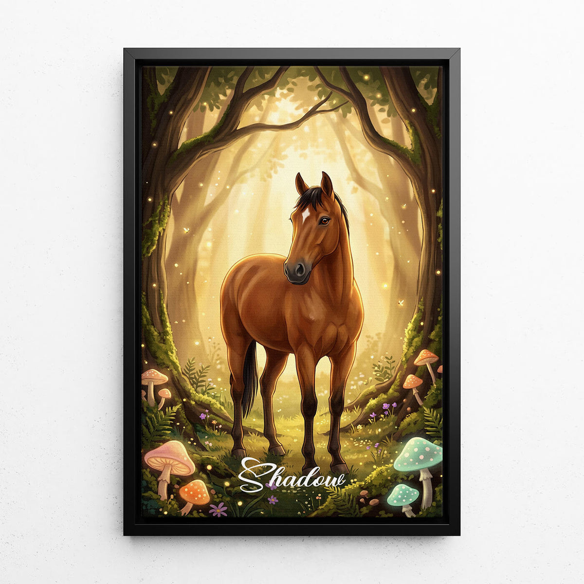Paardenportret in fantasy- / cartoonstijl van je foto - canvas met zwarte lijst