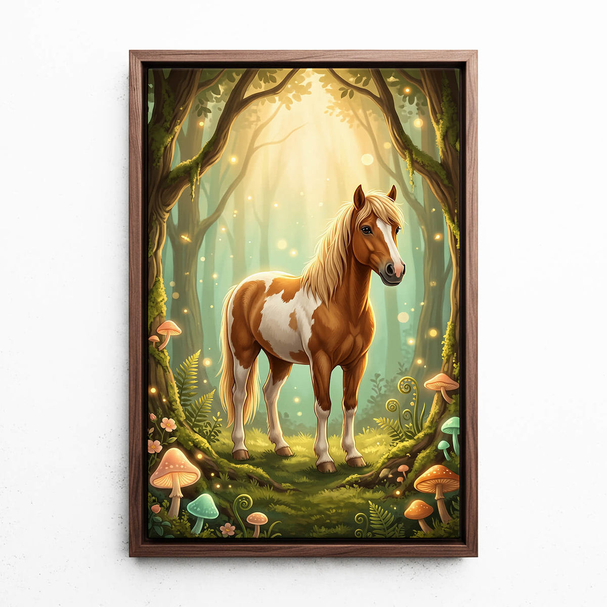 Paardenportret in fantasy- / cartoonstijl van je foto - canvas met walnoten lijst