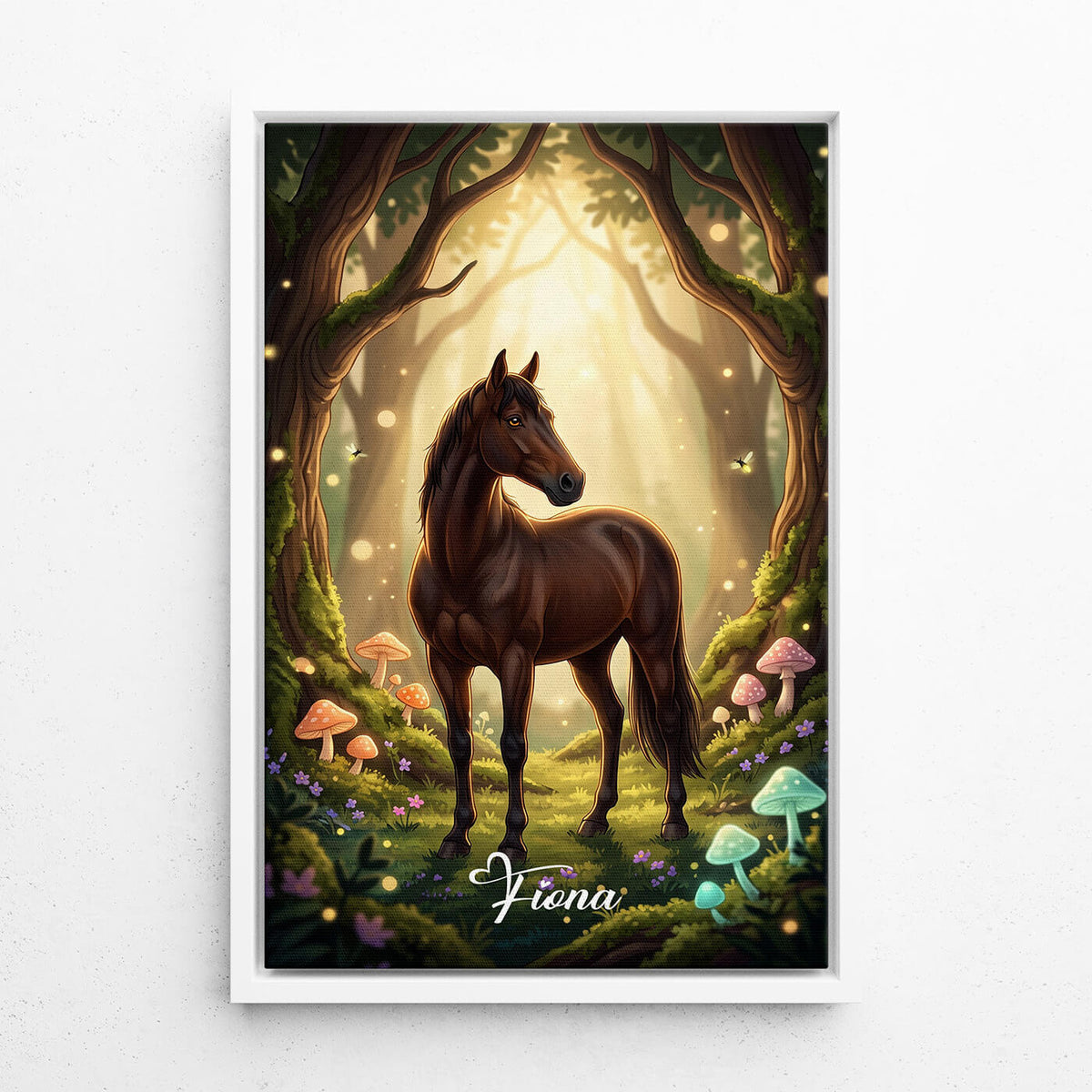 Paardenportret in fantasy- / cartoonstijl van je foto - canvas met witte lijst