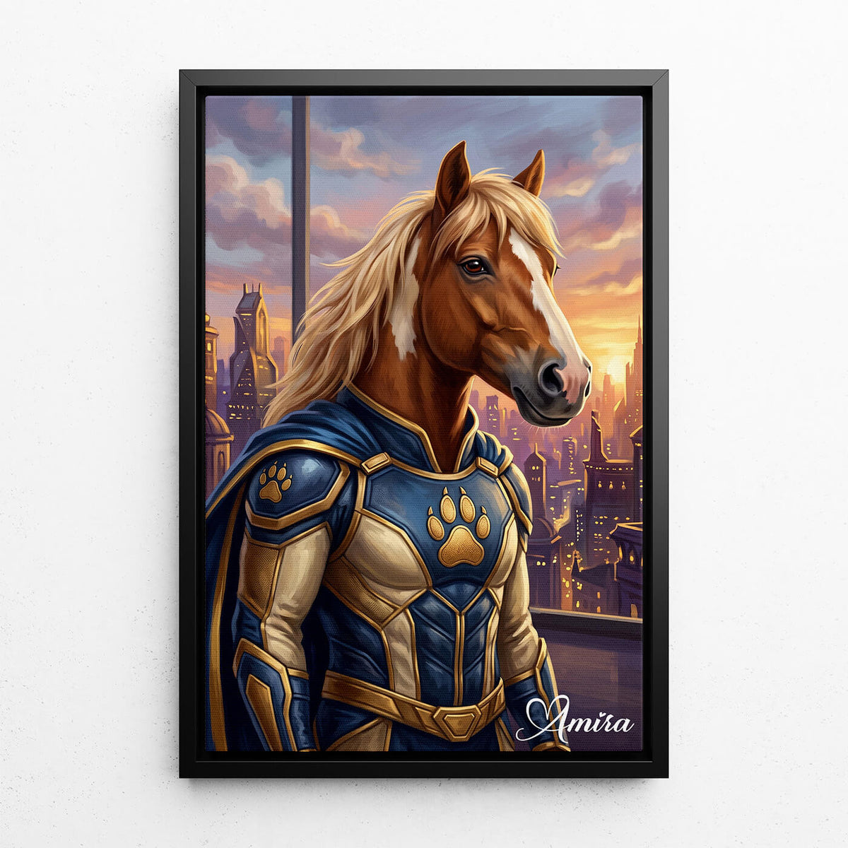 Paardenportret als superheld van je foto - canvas met zwarte lijst