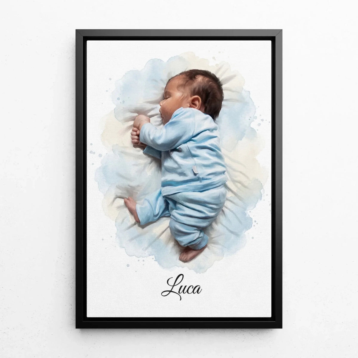 Babyportret in aquarelstijl van je foto - canvas met zwarte lijst