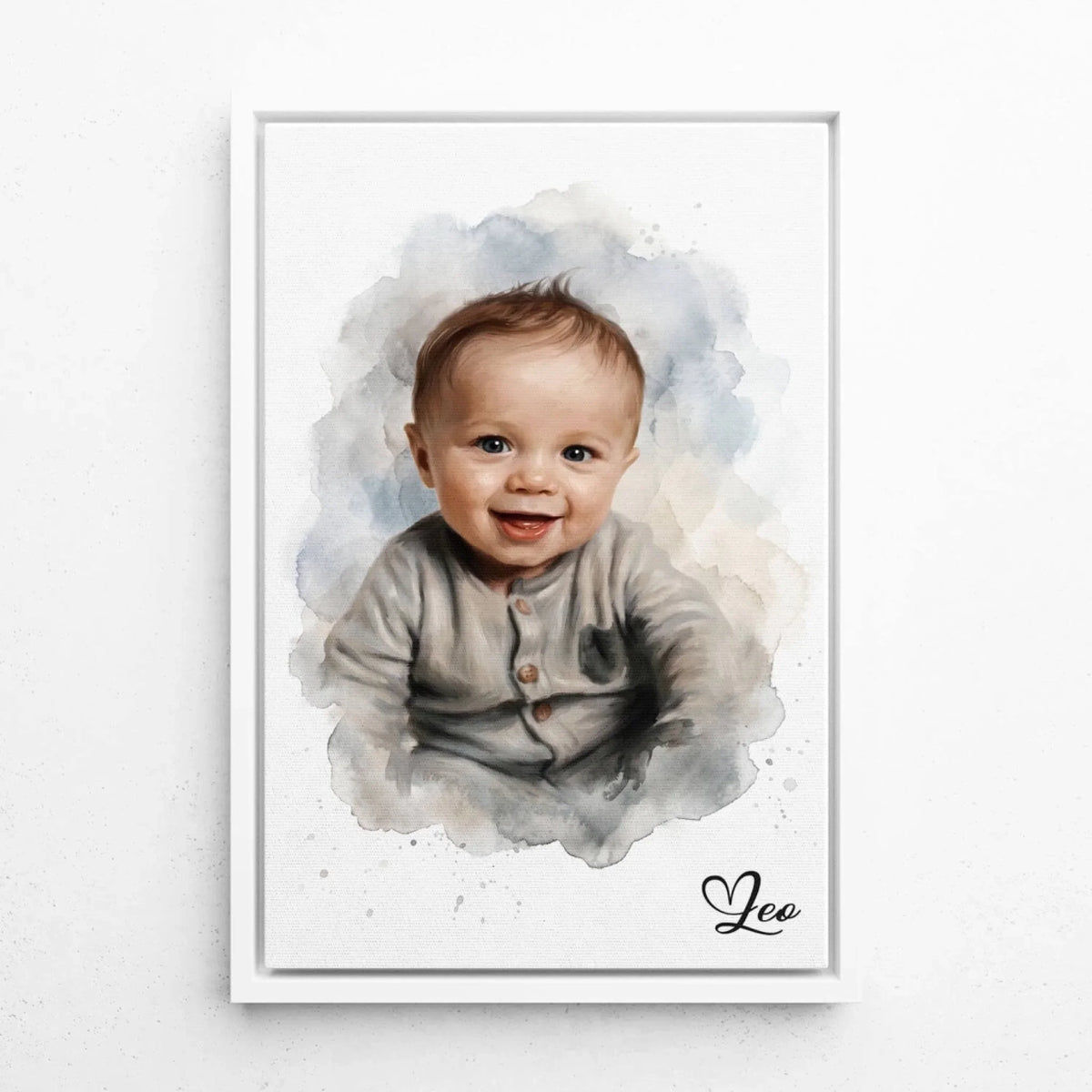 Babyportret in aquarelstijl van je foto - canvas met witte lijst