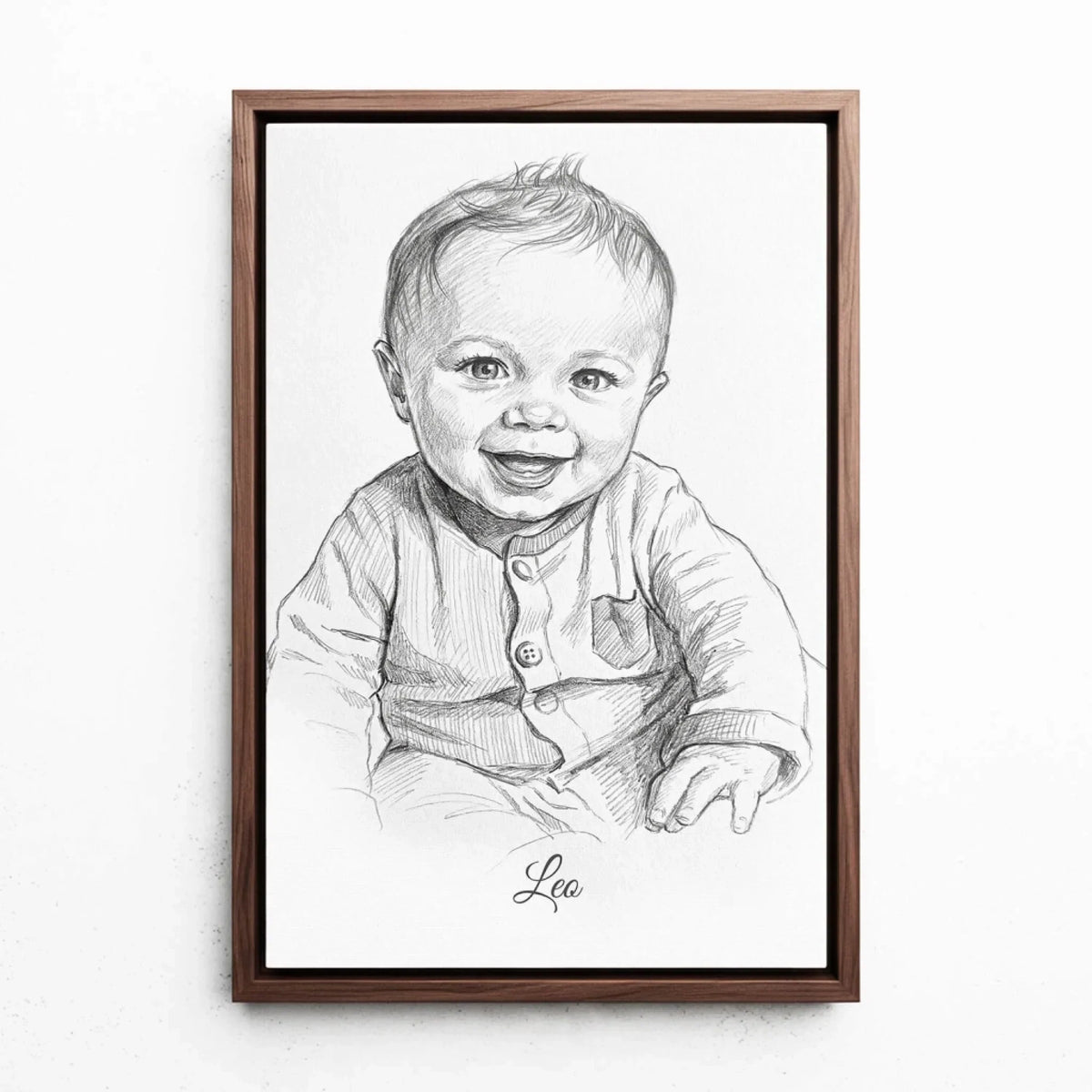 Babyportret in potloodstijl van je foto - canvas met walnoten lijst