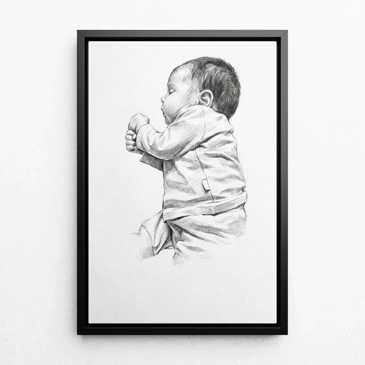 Babyportret in potloodstijl van je foto - canvas met zwarte lijst