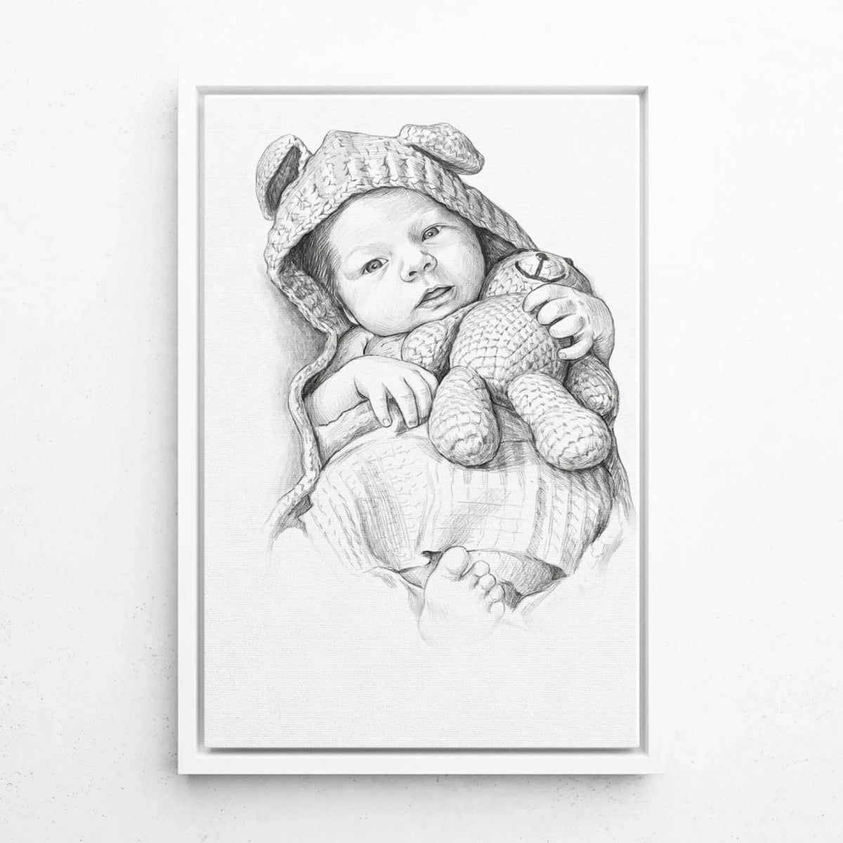 Babyportret in potloodstijl van je foto - canvas met witte lijst