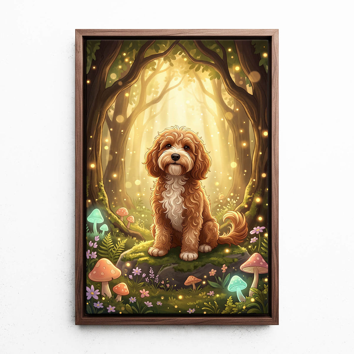 Hondenportret in fantasy- / cartoonstijl van je foto - canvas met walnoten lijst