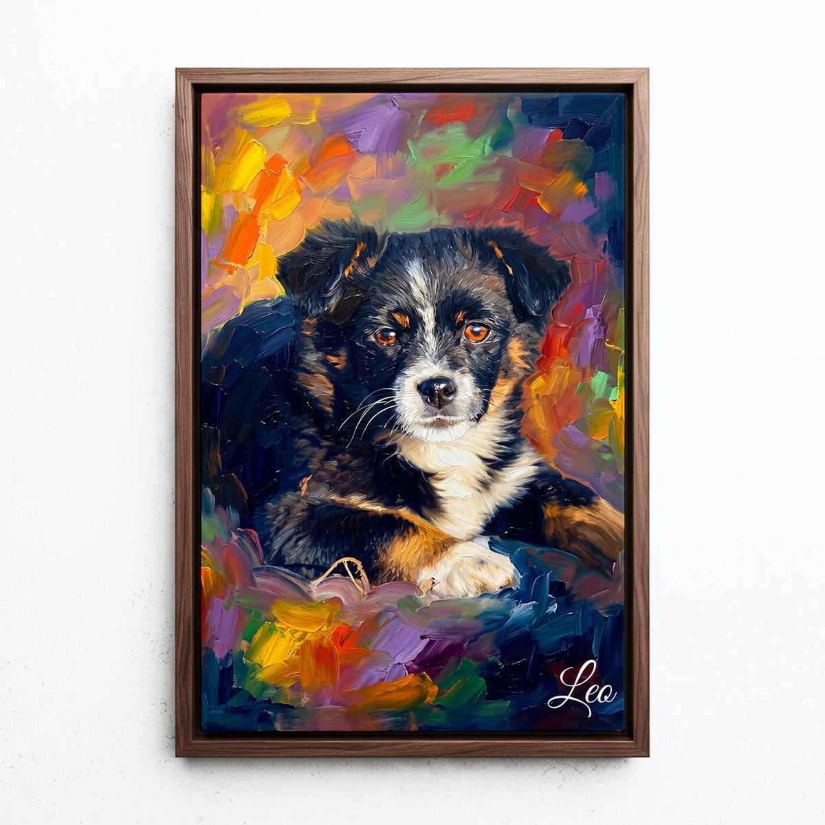 Hondenportret in pop-artstijl van je foto - canvas met walnoten lijst