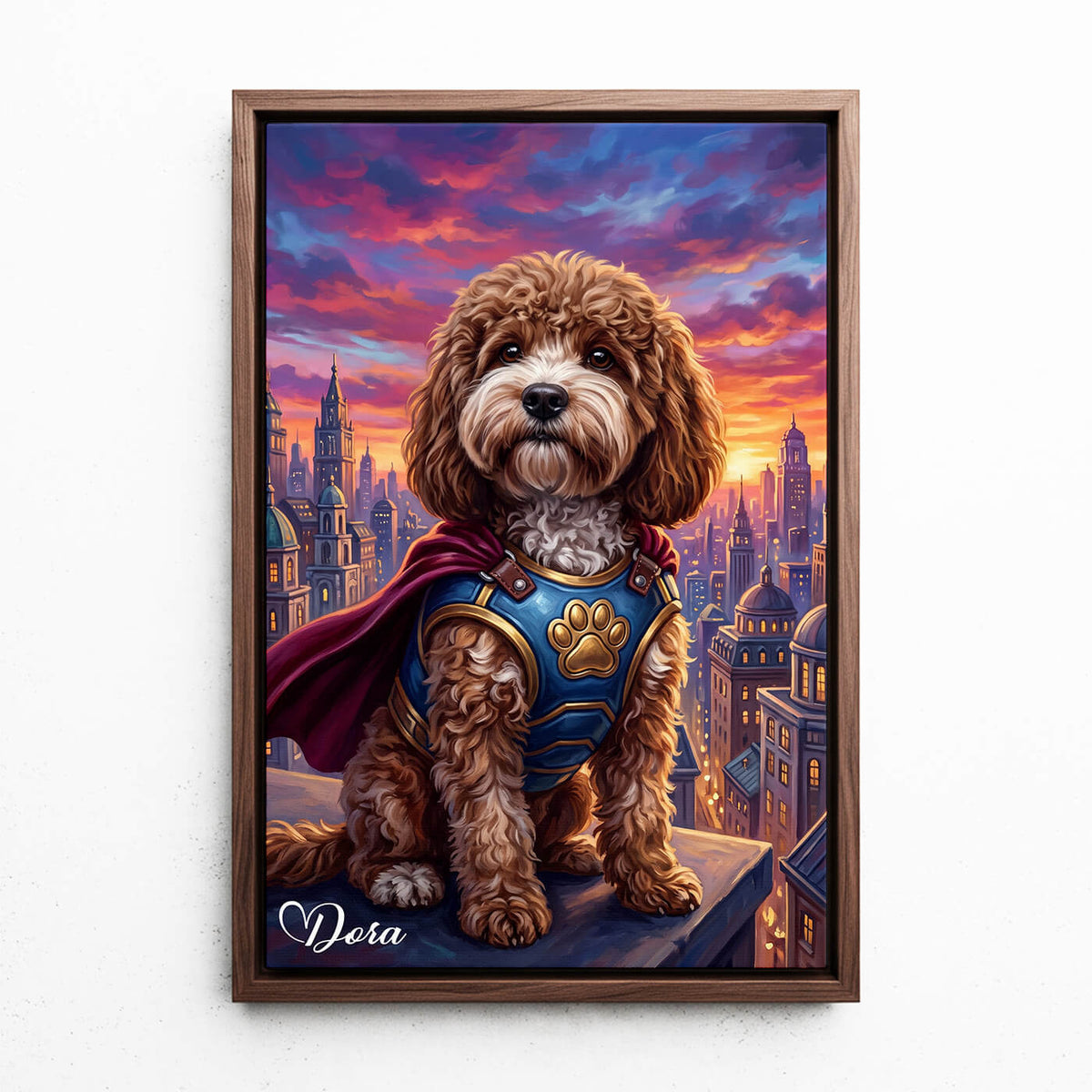 Hondenportret als superheld van je foto - canvas met walnoten lijst