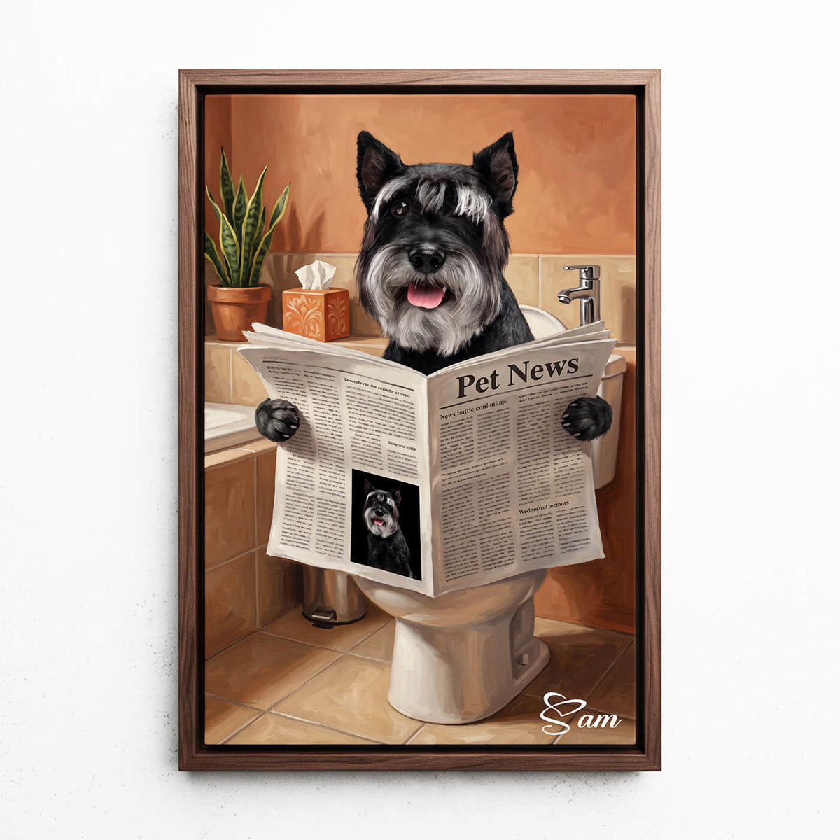 Grappig hondenportret op het toilet van je foto - canvas met walnoten lijst