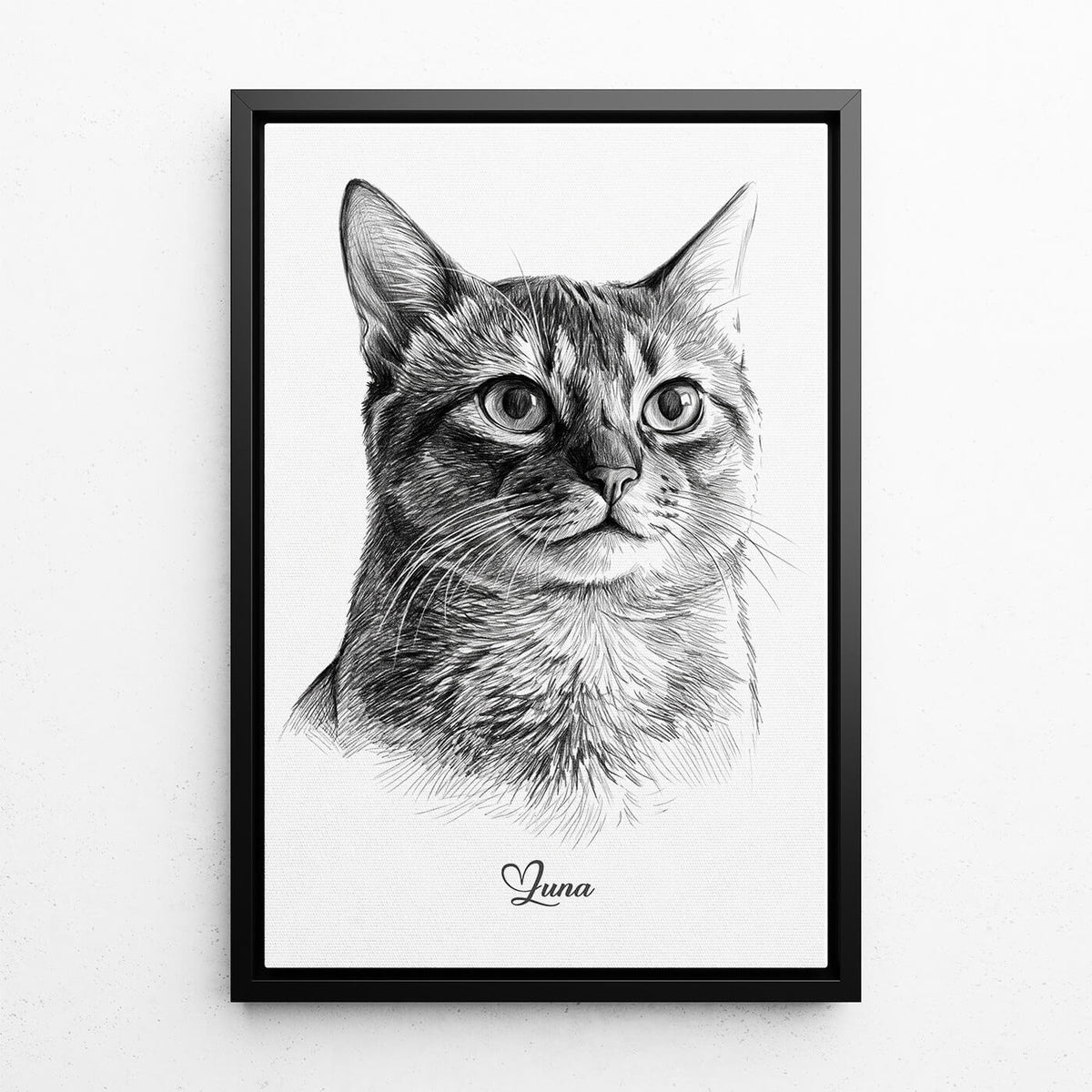 Kattenportret in potloodstijl van je foto - canvas met zwarte lijst