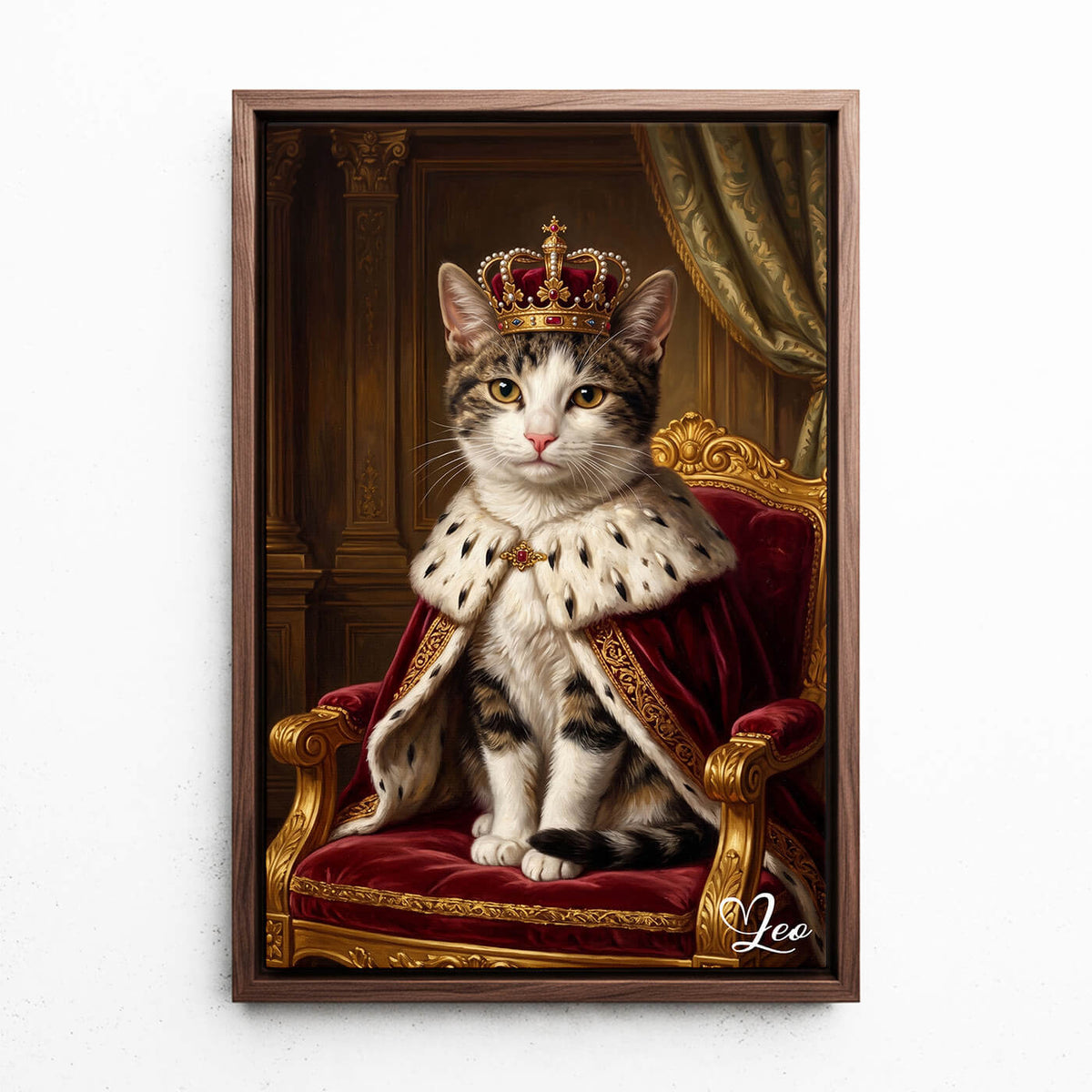 Kattenportret in renaissancestijl van je foto - canvas met walnoten lijst