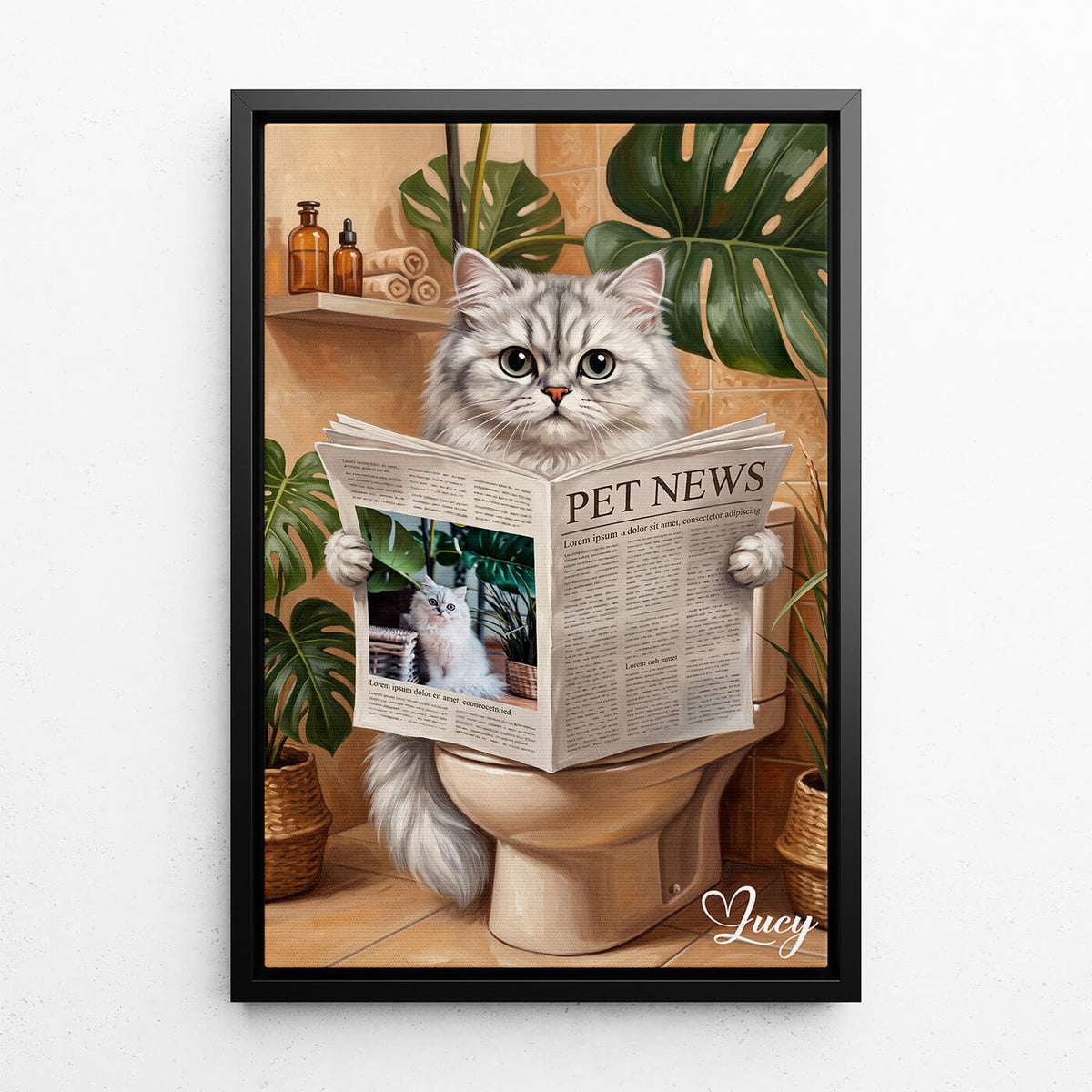 Grappig kattenportret op het toilet van je foto - canvas met zwarte lijst