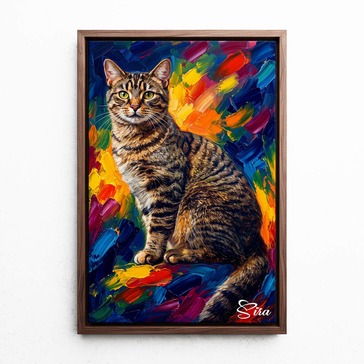 Kattenportret in pop-artstijl van je foto - canvas met walnoten lijst