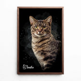 Kattenportret in donkere aquarelstijl van je foto - canvas met walnoten lijst