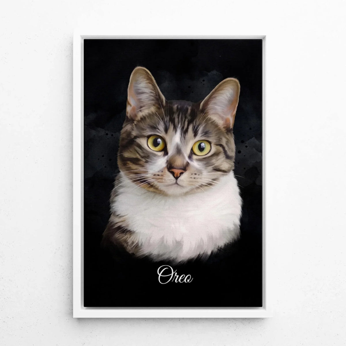 Kattenportret in aquarelstijl - Zwart van je foto - canvas met witte lijst
