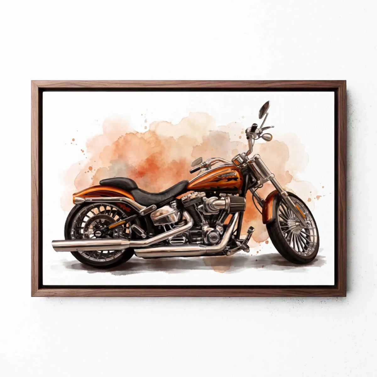 Motorportret in aquarelstijl (liggend formaat) van je foto - canvas met walnoten lijst