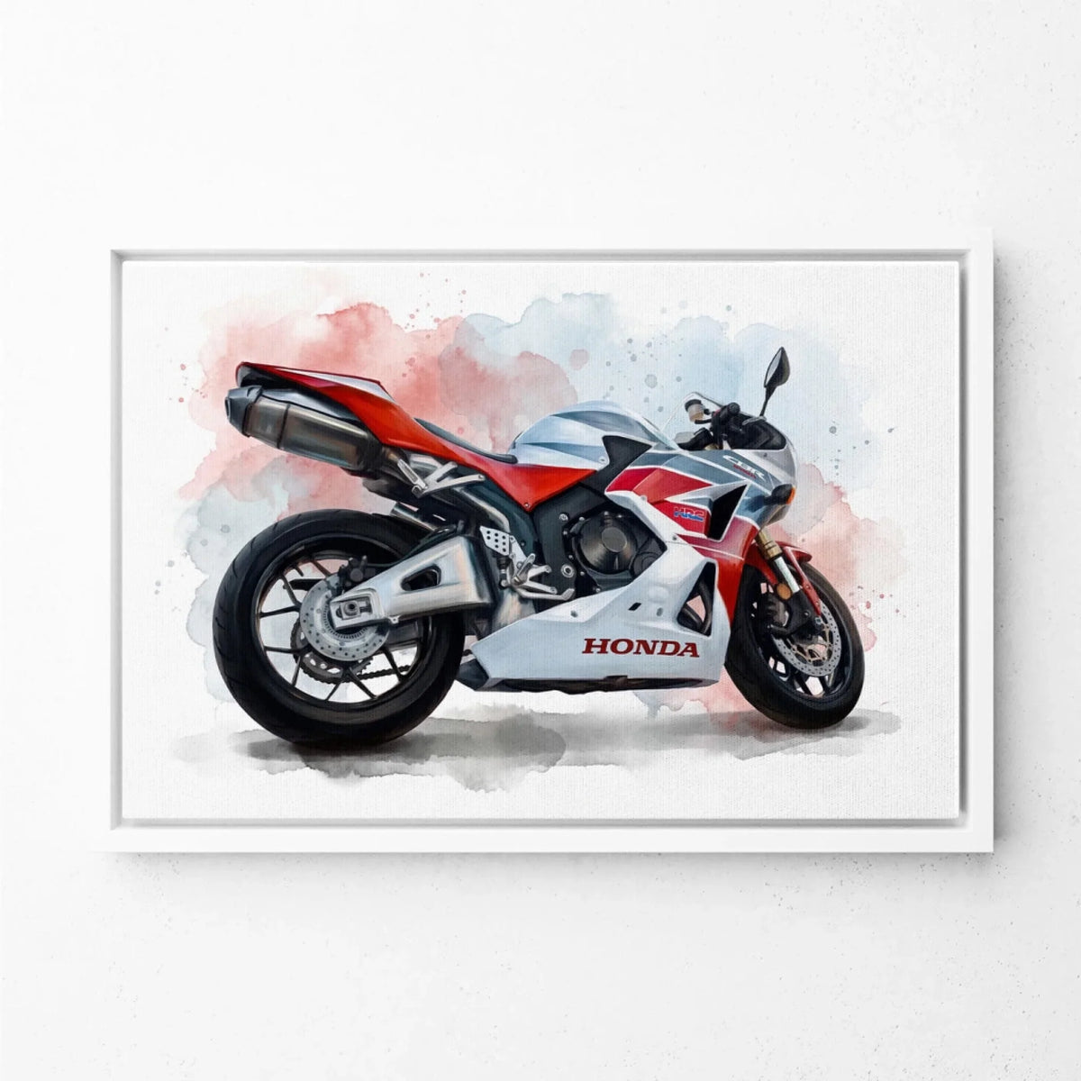 Motorportret in aquarelstijl (liggend formaat) van je foto - canvas met witte lijst