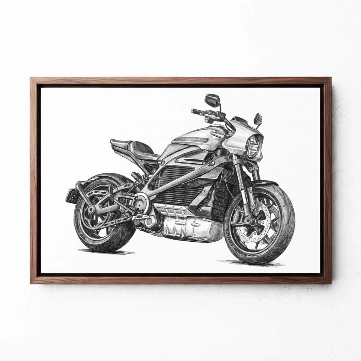 Motorportret in potloodstijl (liggend formaat) van je foto - canvas met walnoten lijst