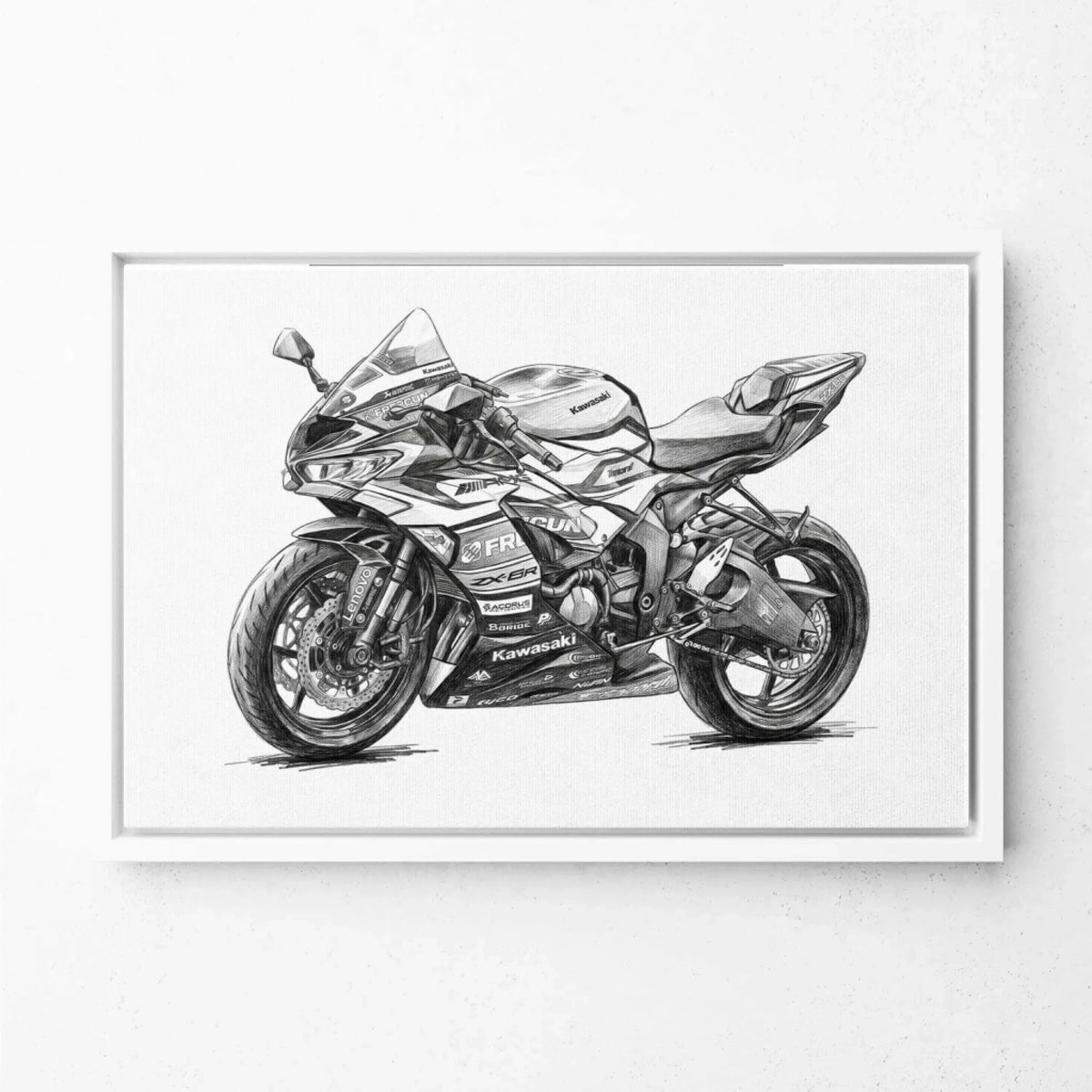 Motorportret in potloodstijl (liggend formaat) van je foto - canvas met witte lijst