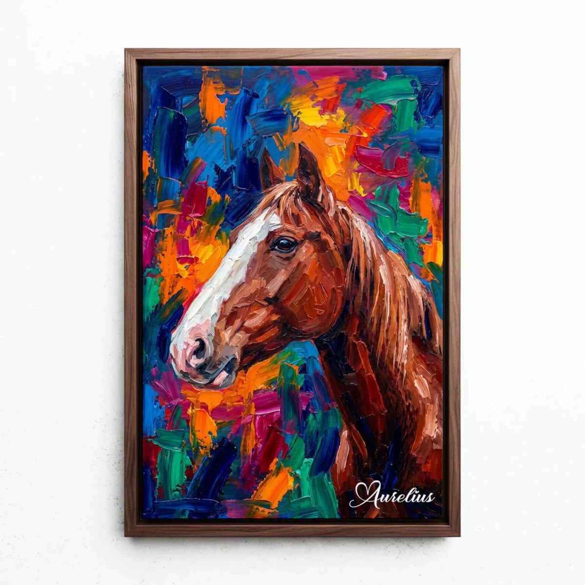 Paardenportret in pop-artstijl van je foto - canvas met walnoten lijst