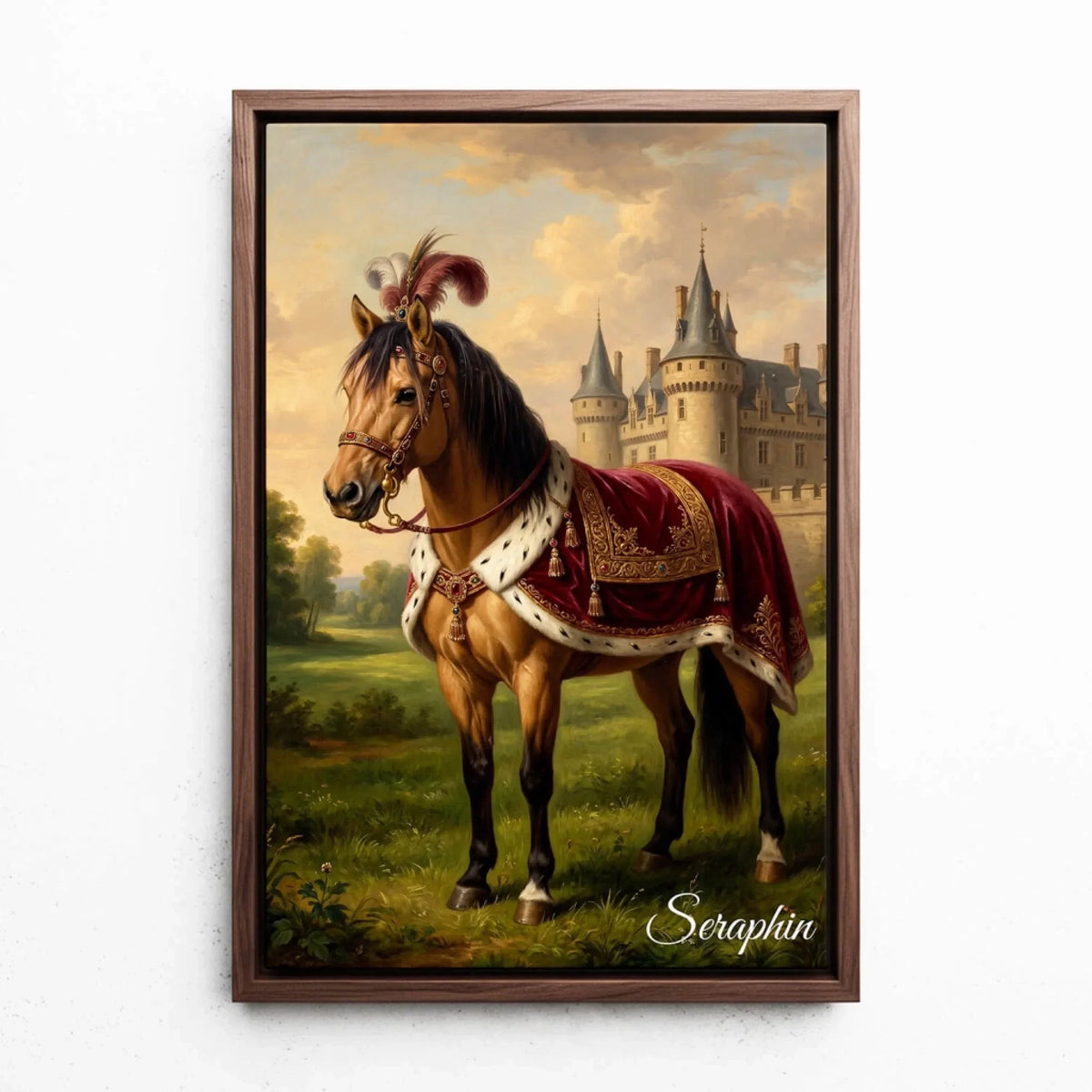 Paardenportret in renaissancestijl van je foto - canvas met walnoten lijst