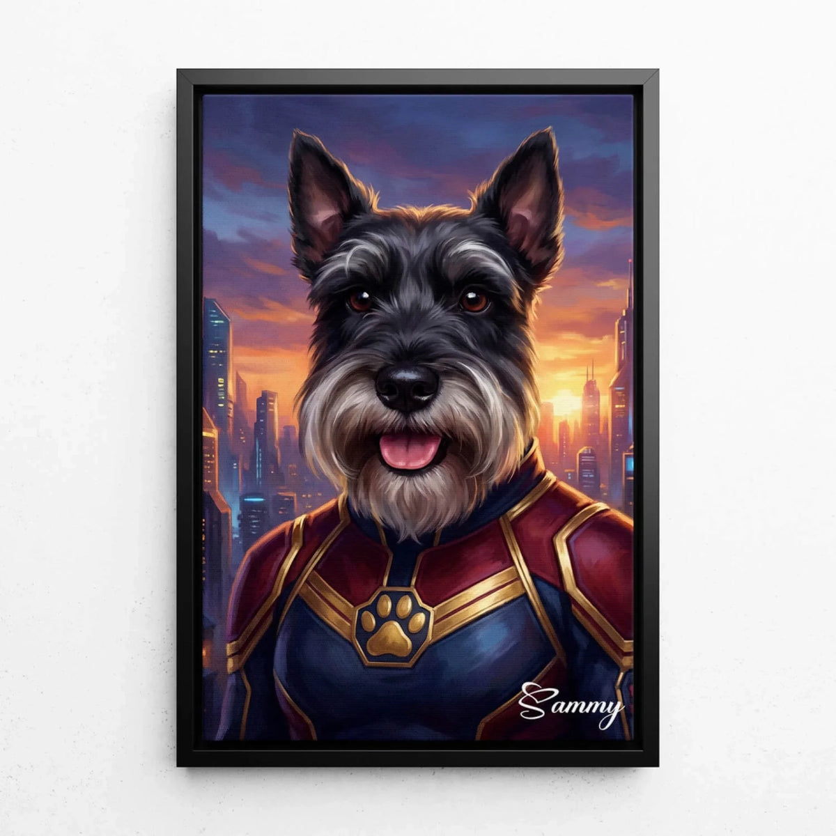 Hondenportret als superheld van je foto - canvas met zwarte lijst