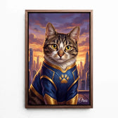 Kattenportret als superheld van je foto - canvas met walnoten lijst