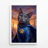 Kattenportret als superheld van je foto - canvas met witte lijst