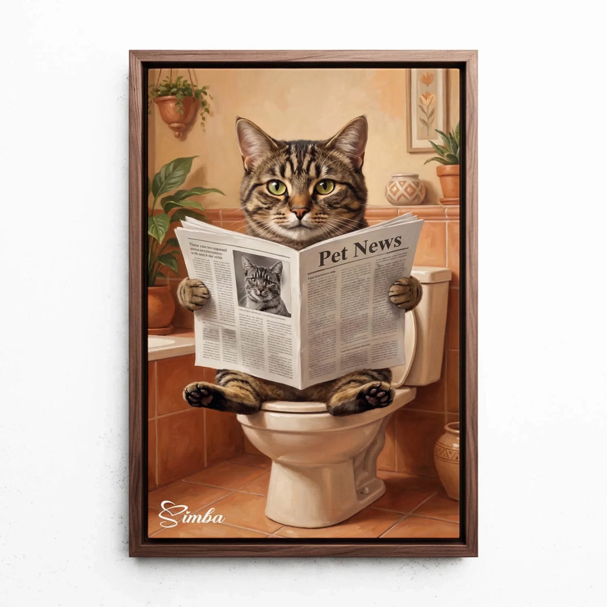 Grappig kattenportret op het toilet van je foto - canvas met walnoten lijst