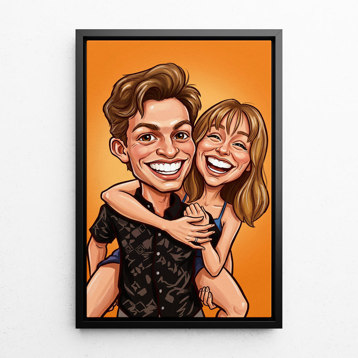 Koppel- & familieportret in karikatuurstijl van je foto - canvas met zwarte lijst