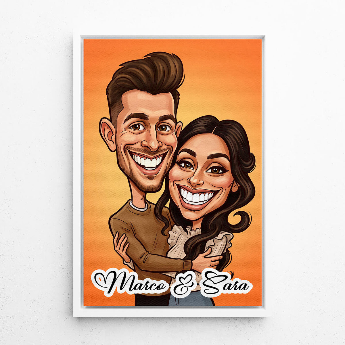 Koppel- & familieportret in karikatuurstijl van je foto - canvas met witte lijst