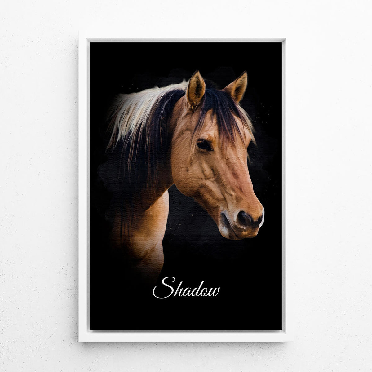 Paardenportret in aquarelstijl - Zwart van je foto - canvas met witte lijst