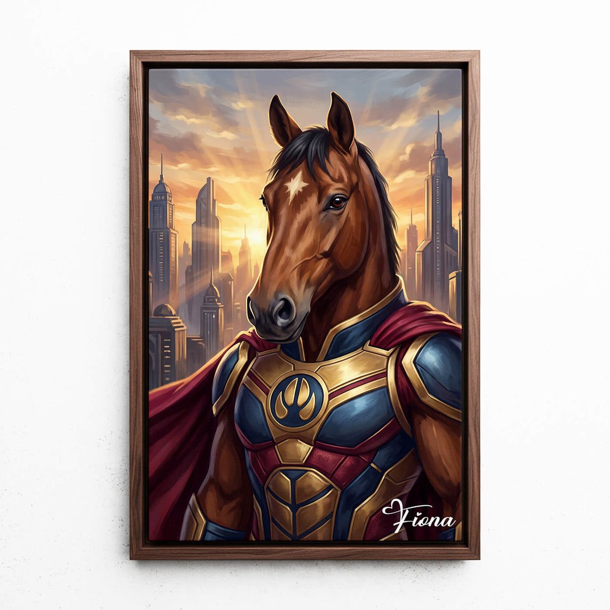 Paardenportret als superheld van je foto - canvas met walnoten lijst