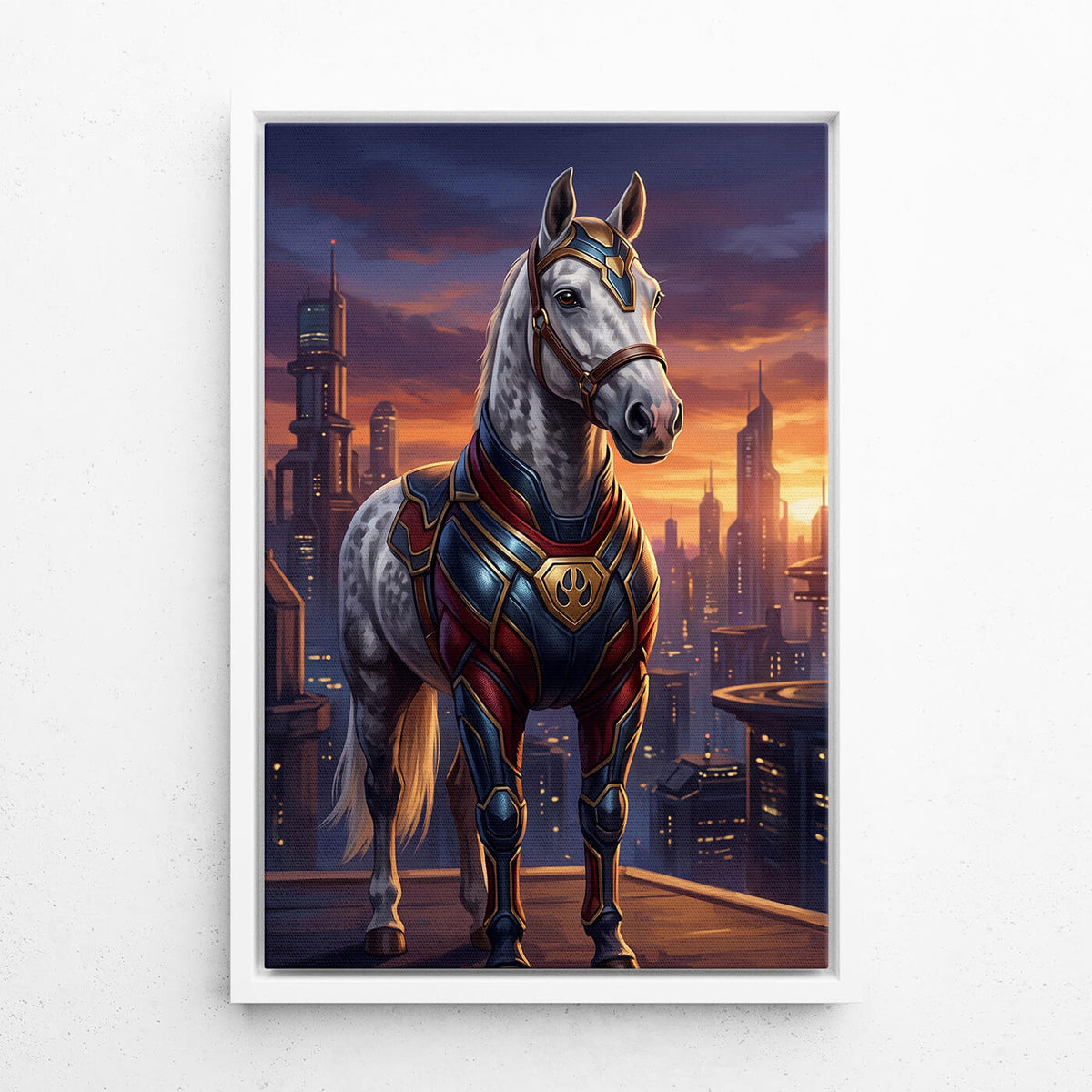 Paardenportret als superheld van je foto - canvas met witte lijst
