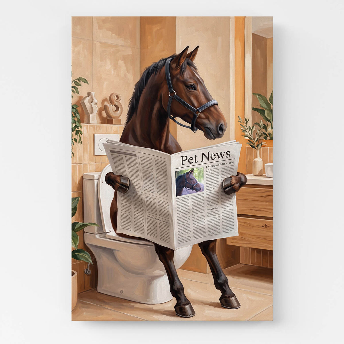 Grappig paardenportret op het toilet van je foto - canvas