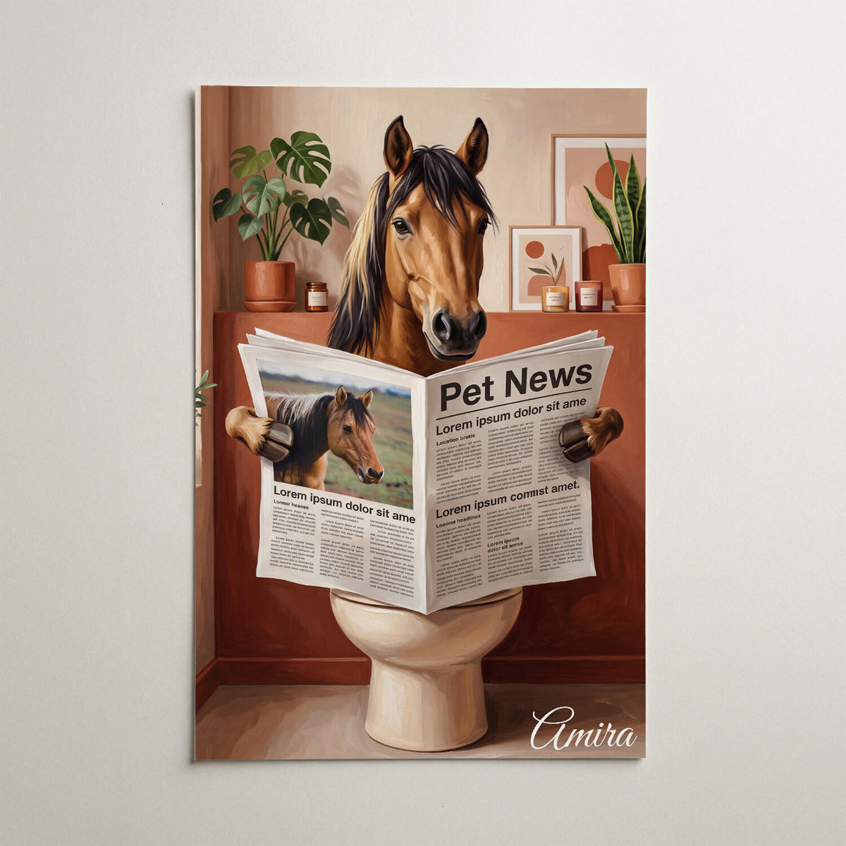 Grappig paardenportret op het toilet van je foto - poster