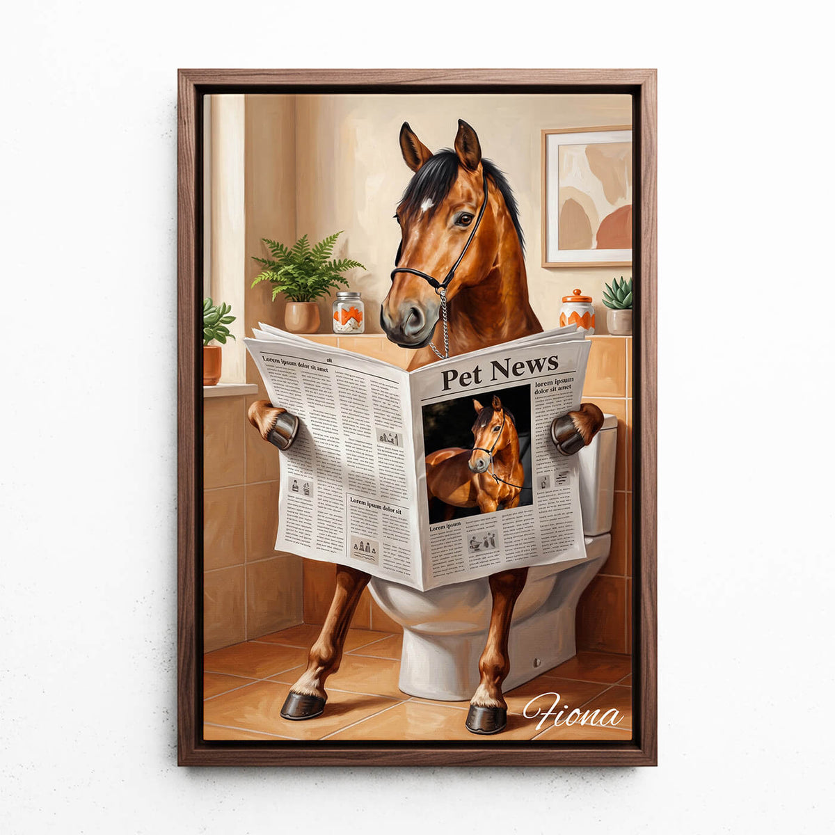 Grappig paardenportret op het toilet van je foto - canvas met walnoten lijst