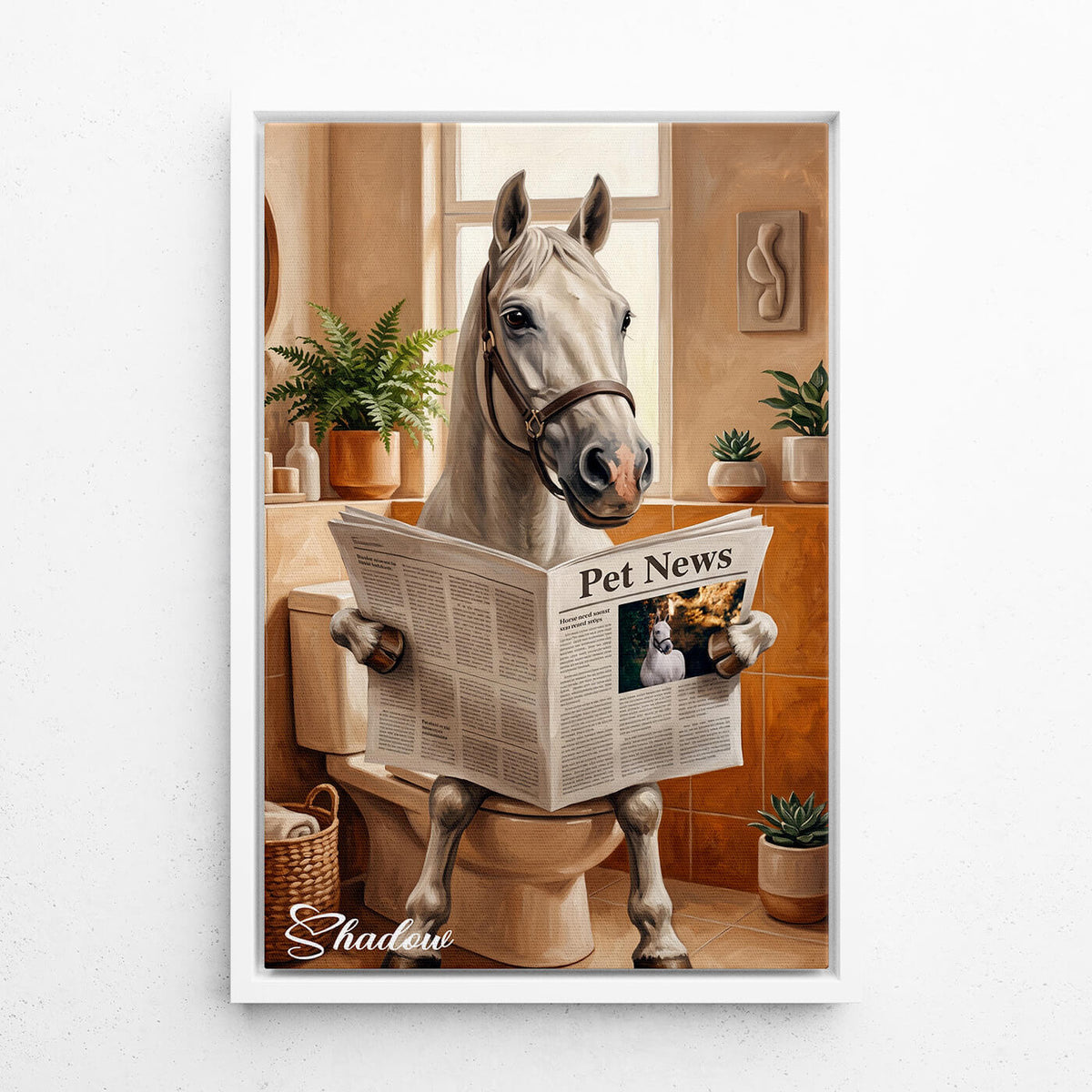 Grappig paardenportret op het toilet van je foto - canvas met witte lijst