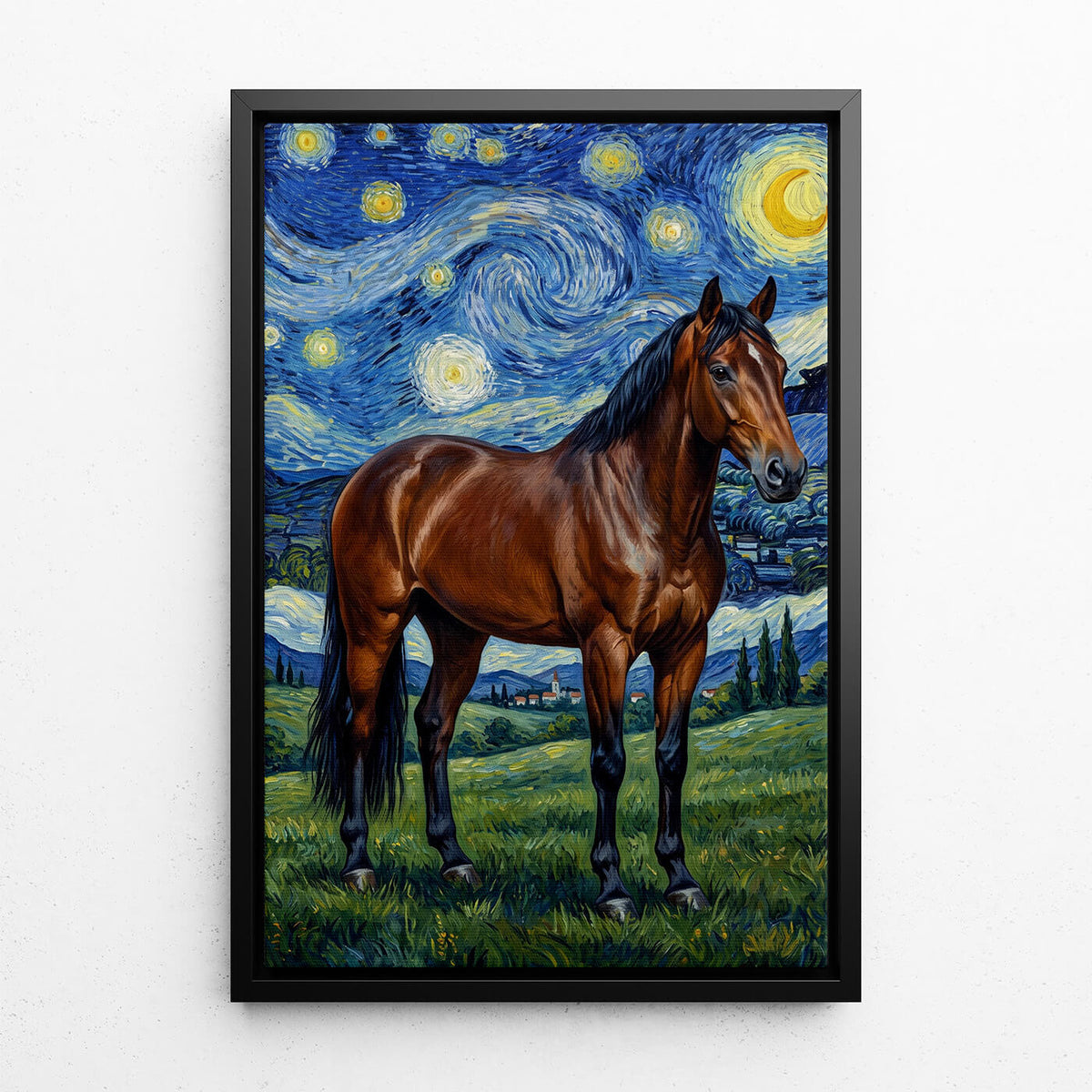 Paardenportret in Van Gogh-stijl van je foto - canvas met zwarte lijst