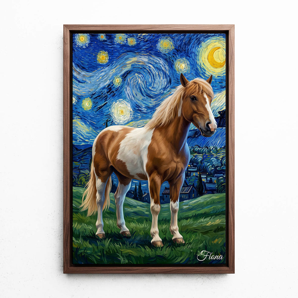 Paardenportret in Van Gogh-stijl van je foto - canvas met walnoten lijst