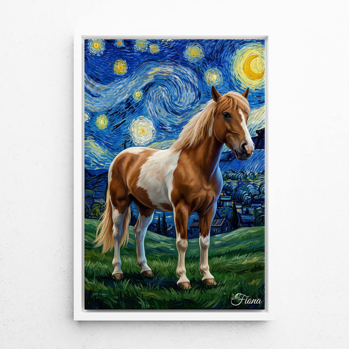 Paardenportret in Van Gogh-stijl van je foto - canvas met witte lijst